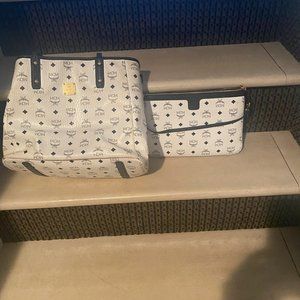 MCM White with Black Authentic Tote and matching wristlet